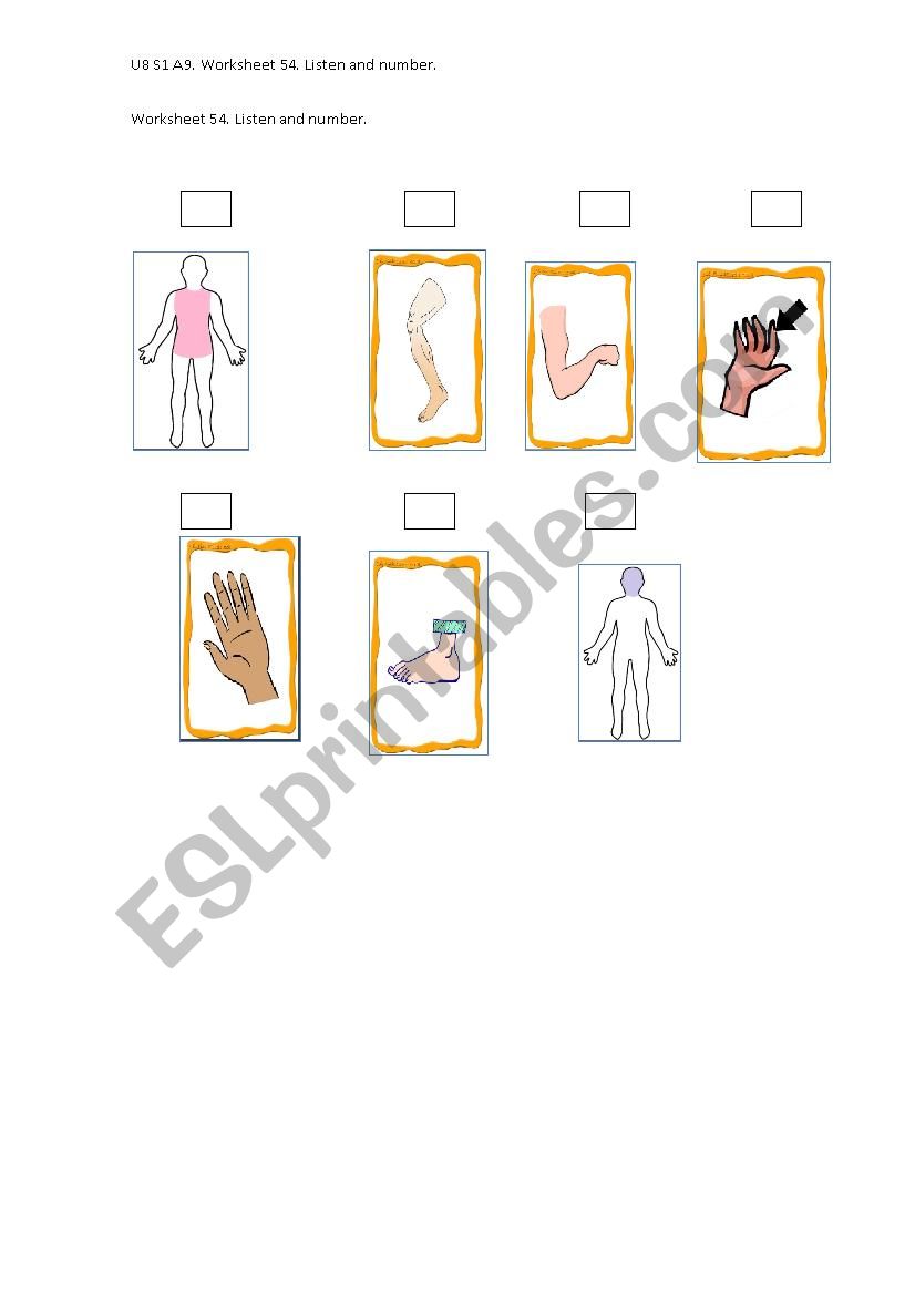 Body parts Listen and number worksheet