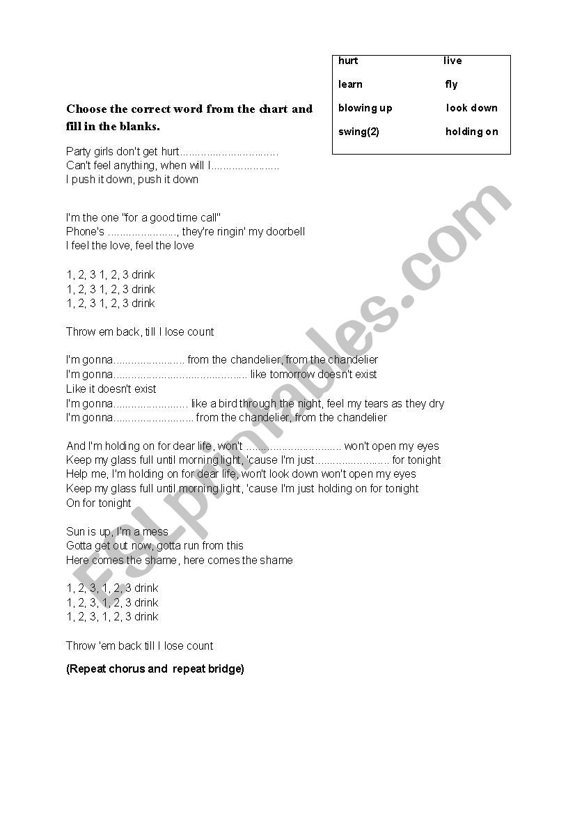 Chandelier by SIA worksheet