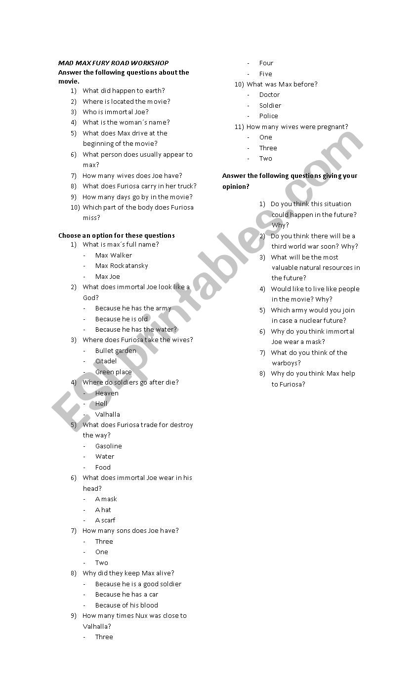 MAD MAX MOVIE WORKSHOP worksheet