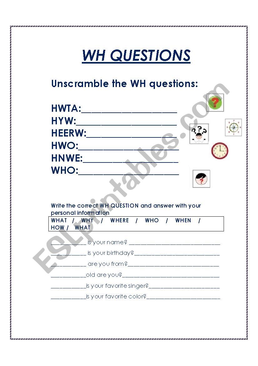 wh questions - ESL worksheet by Sickmuse7