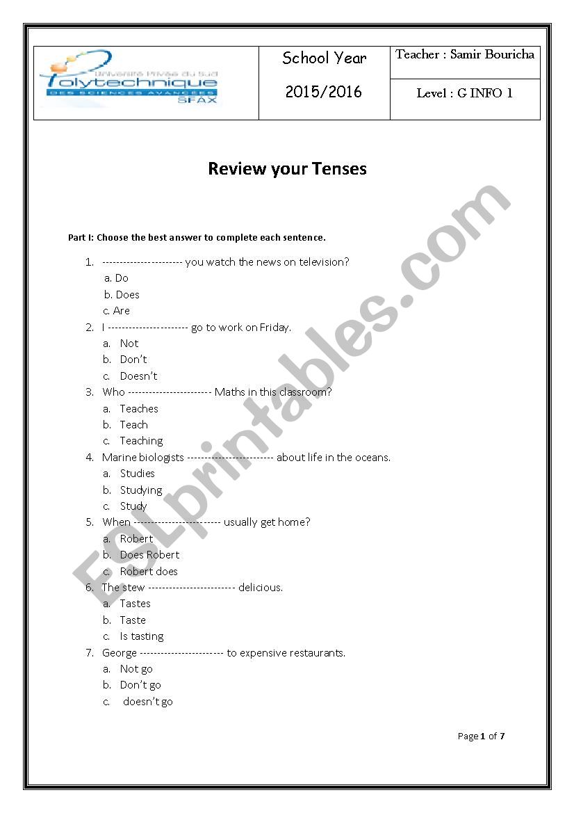 review your tenses worksheet