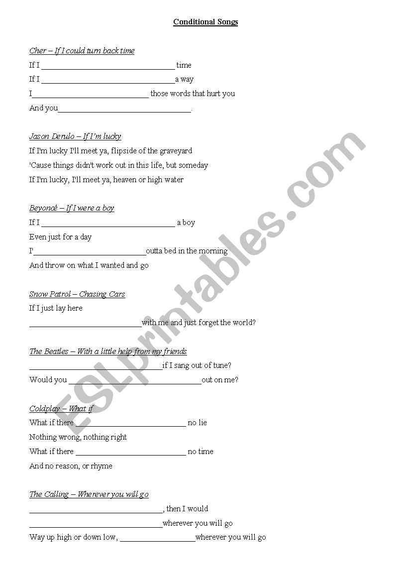 Conditionals in Songs  worksheet