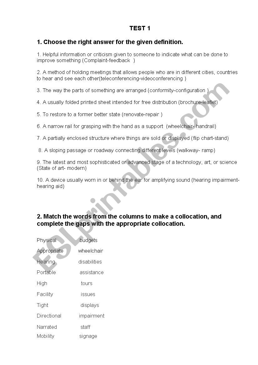 test tourism vocabulary worksheet