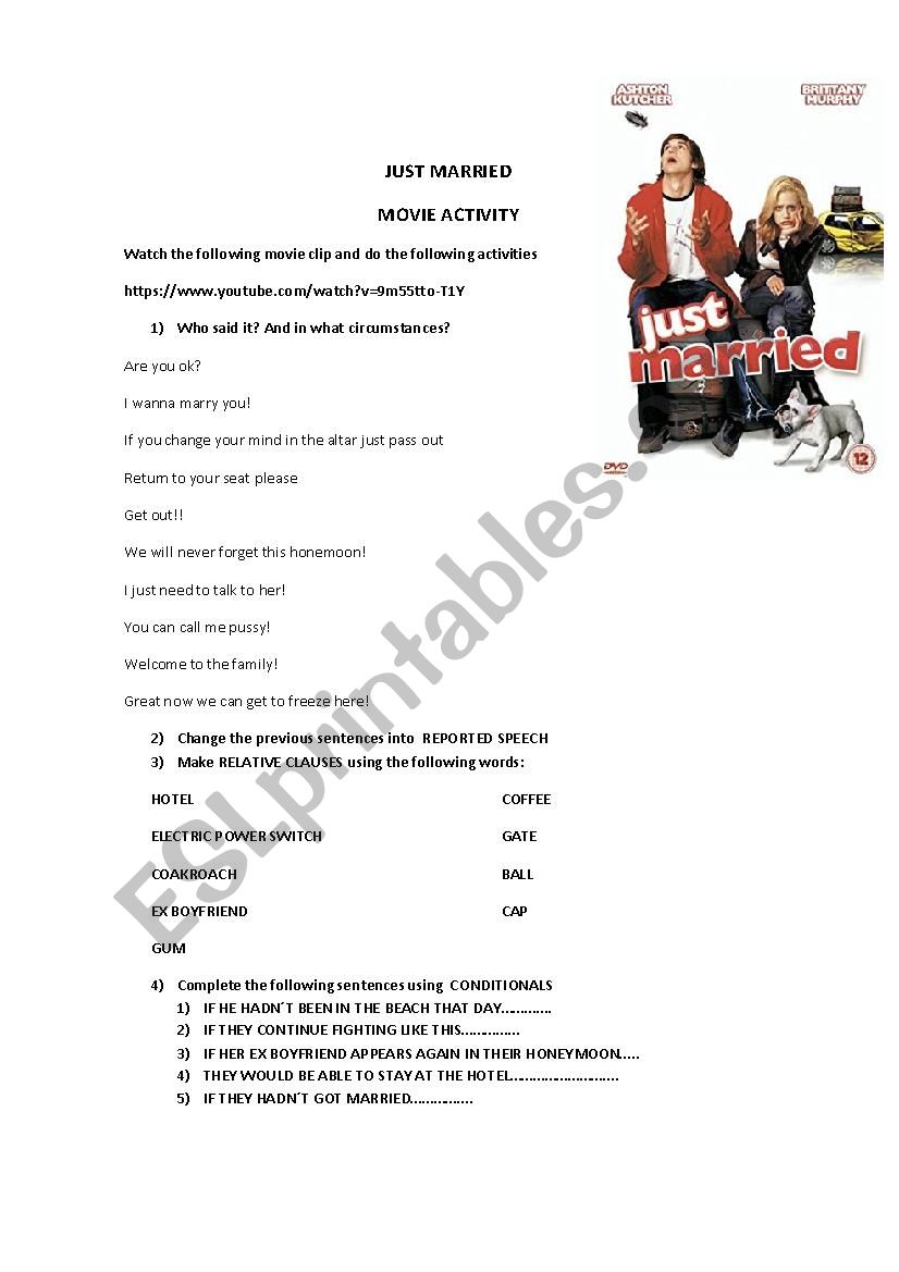 JUST MARRIED MOVIE TRAILER worksheet