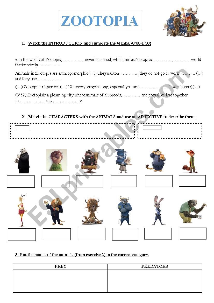 VIDEO ZOOTOPIA Answer Key ESL Worksheet By Annevaleriemiche