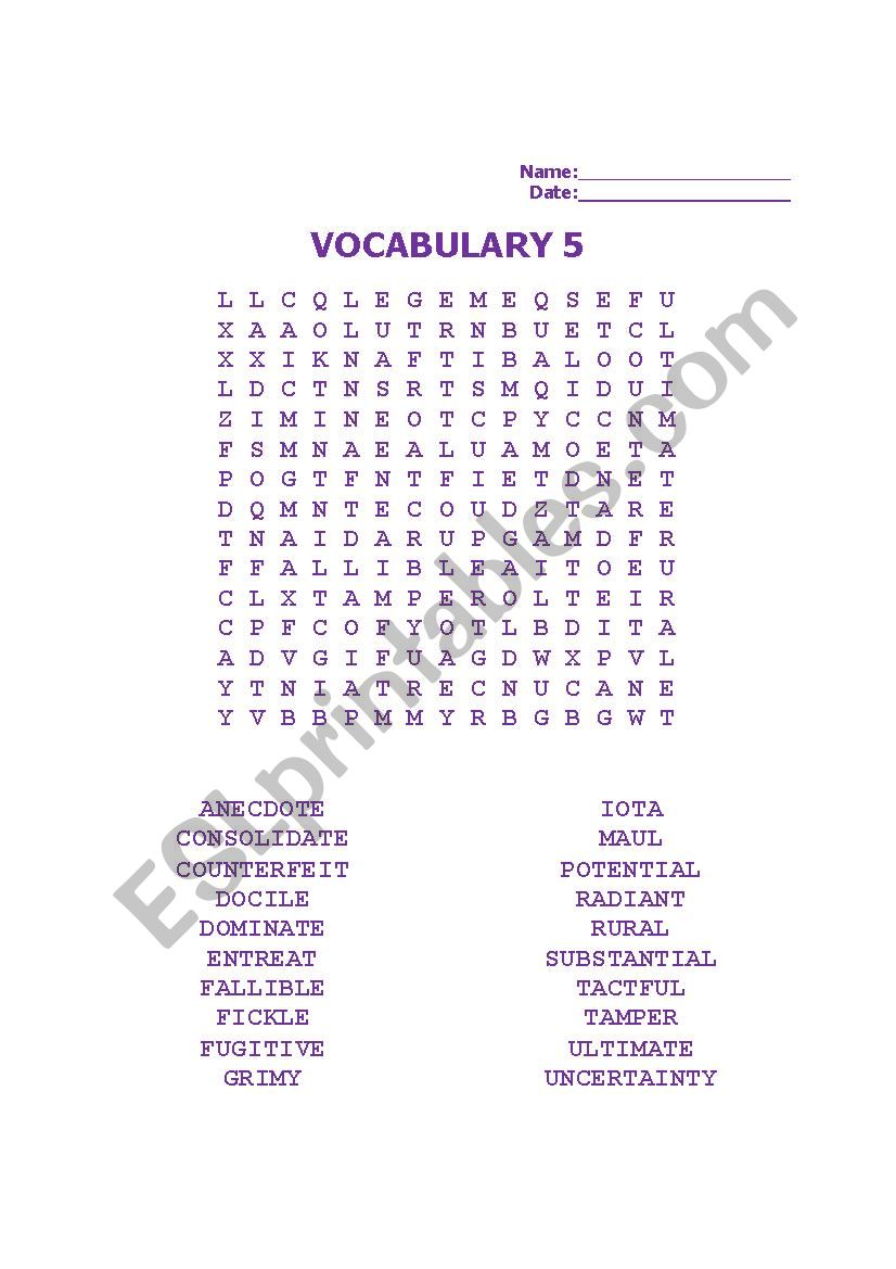 7th Grade Vocabulary Unit 5 worksheet