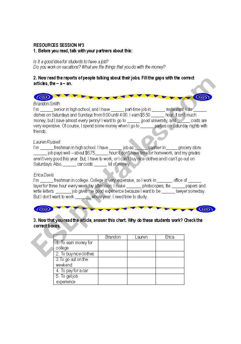 working with articles worksheet