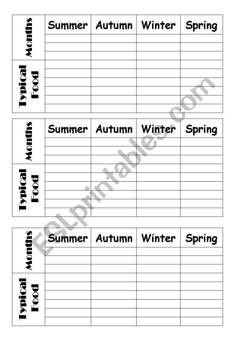 Months, seasons and food worksheet