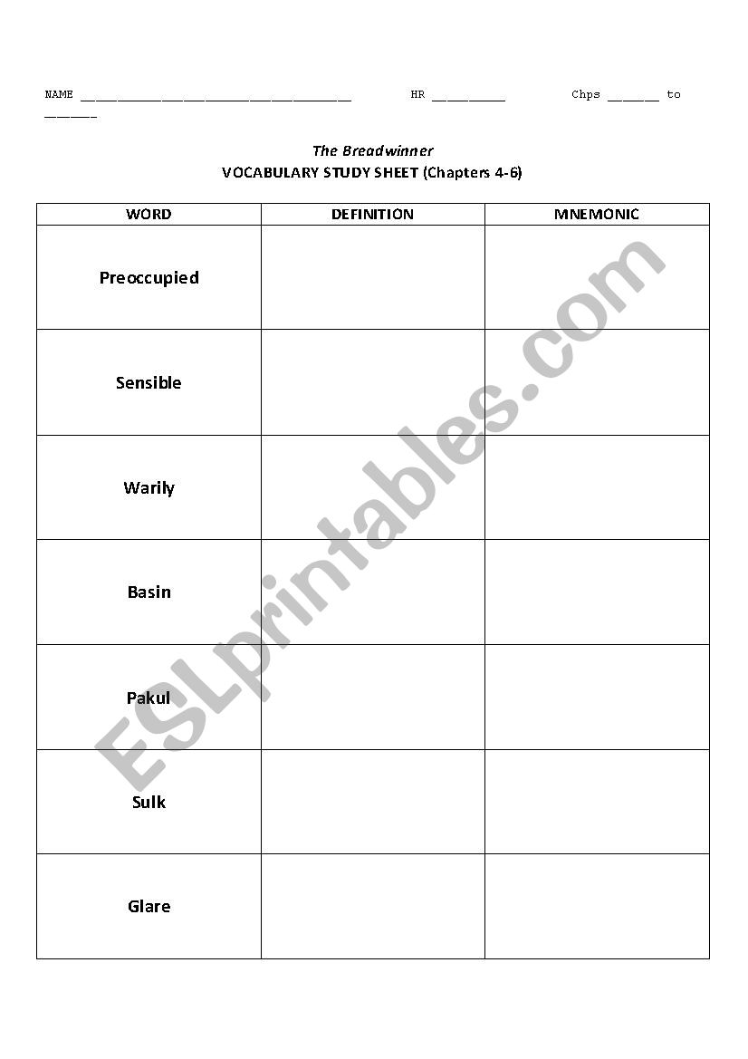 Vocabulary worksheet