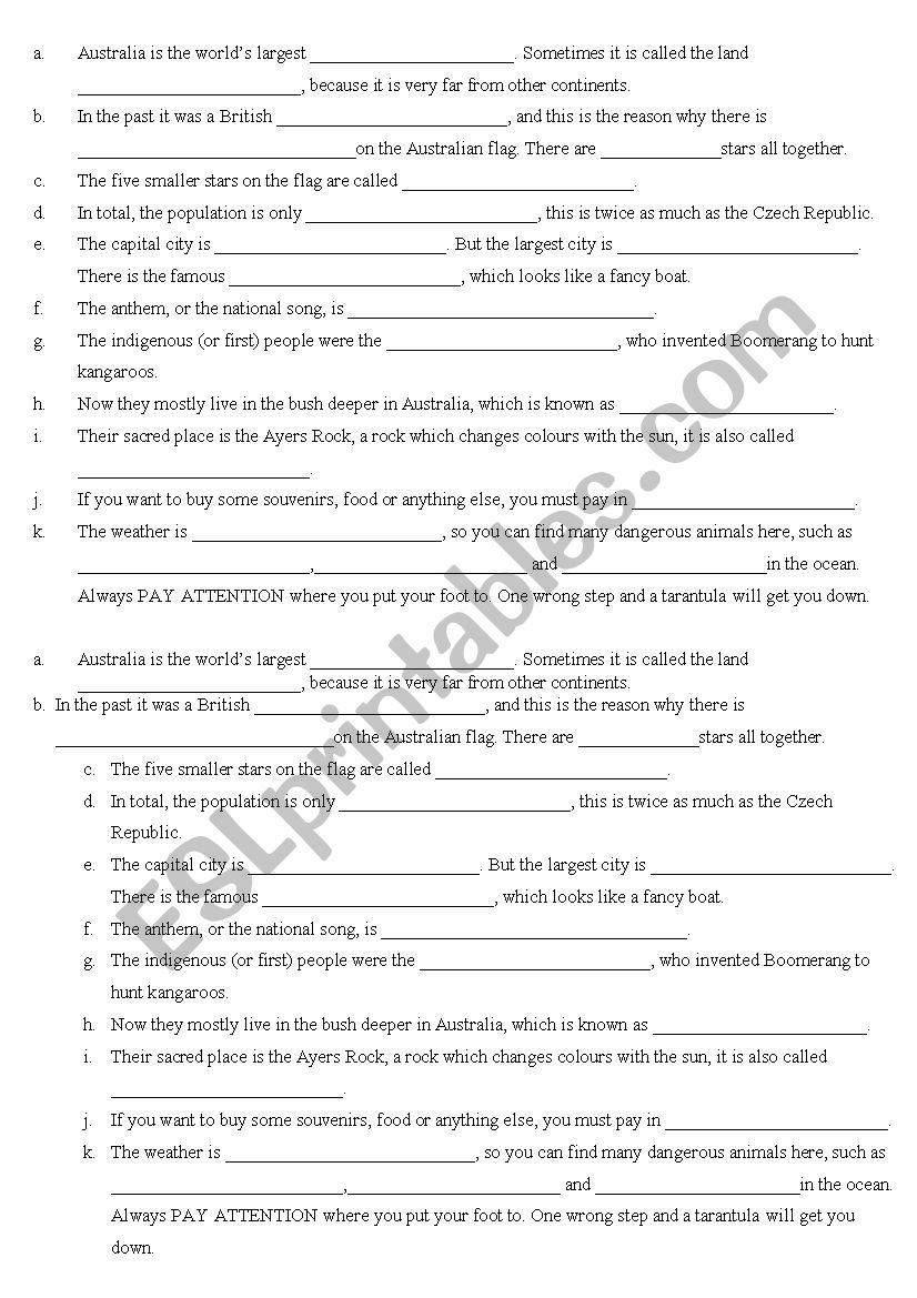 Australia Test Or Practice ESL Worksheet By Cassydissy