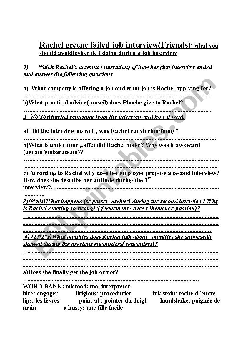 Rachel Greene´s Job interview - ESL worksheet by iphyloo