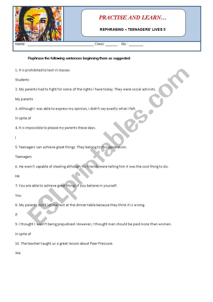 Rephrasing - teenagers´ lives 3 - ESL worksheet by sandramaisa