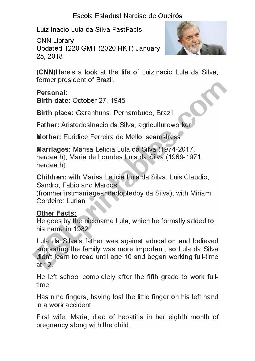 Activity abou Lula worksheet