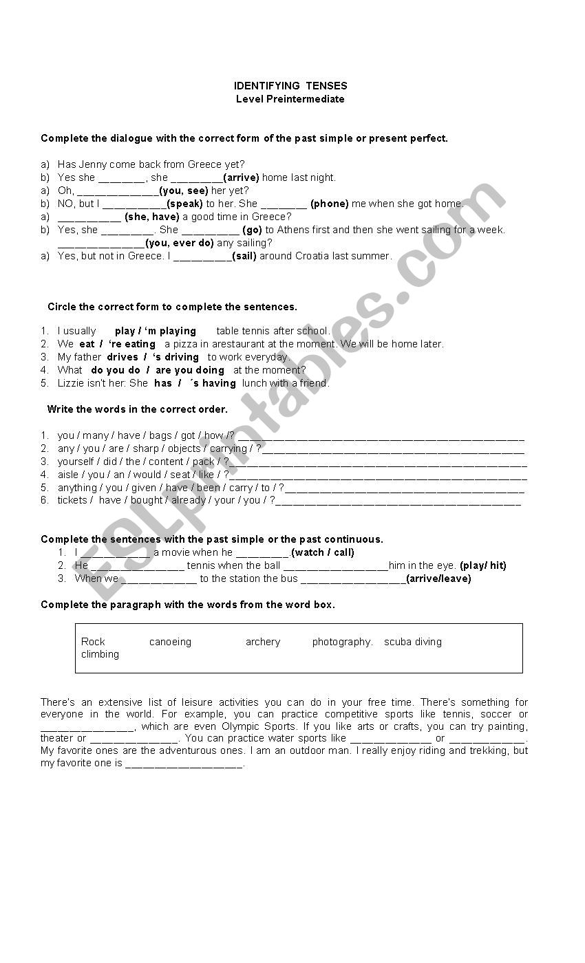 IDENTYFYING TENSES worksheet