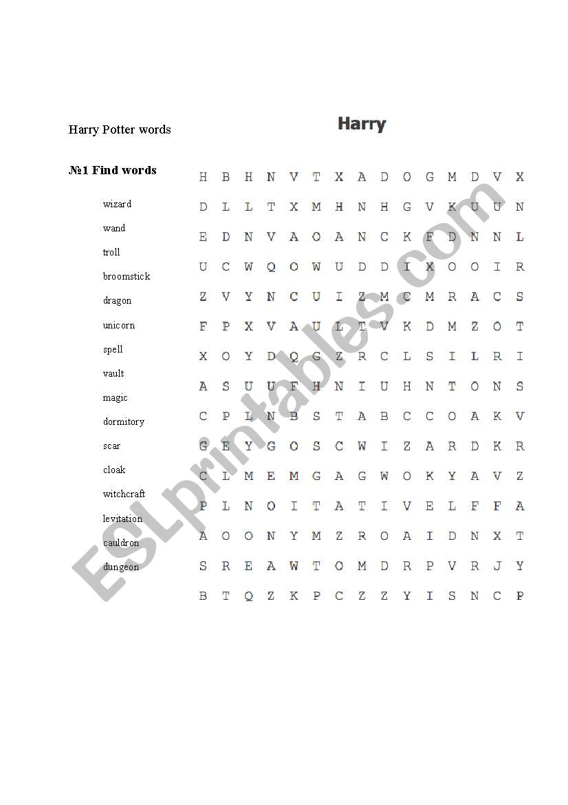 Harry Potter Words Search worksheet