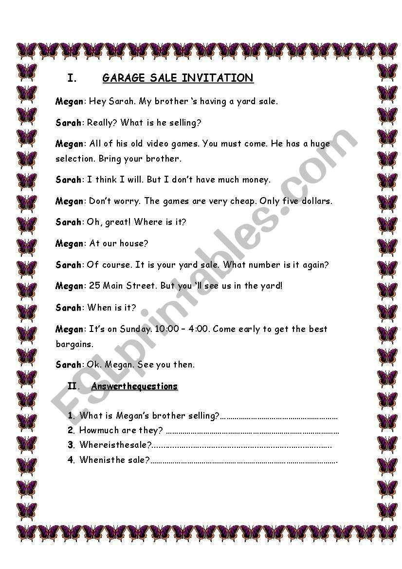 Garage sale invitation worksheet