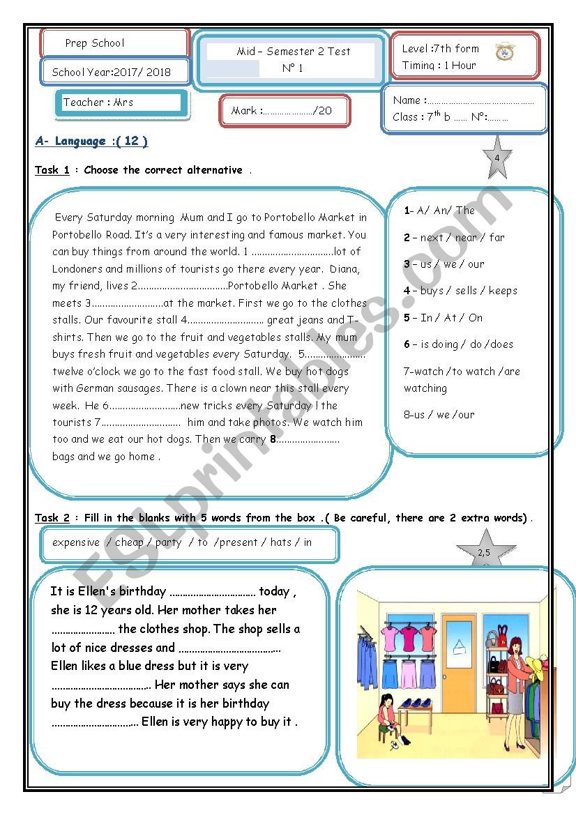 Mid-Semester 2 test n°1 7th form - ESL worksheet by marane