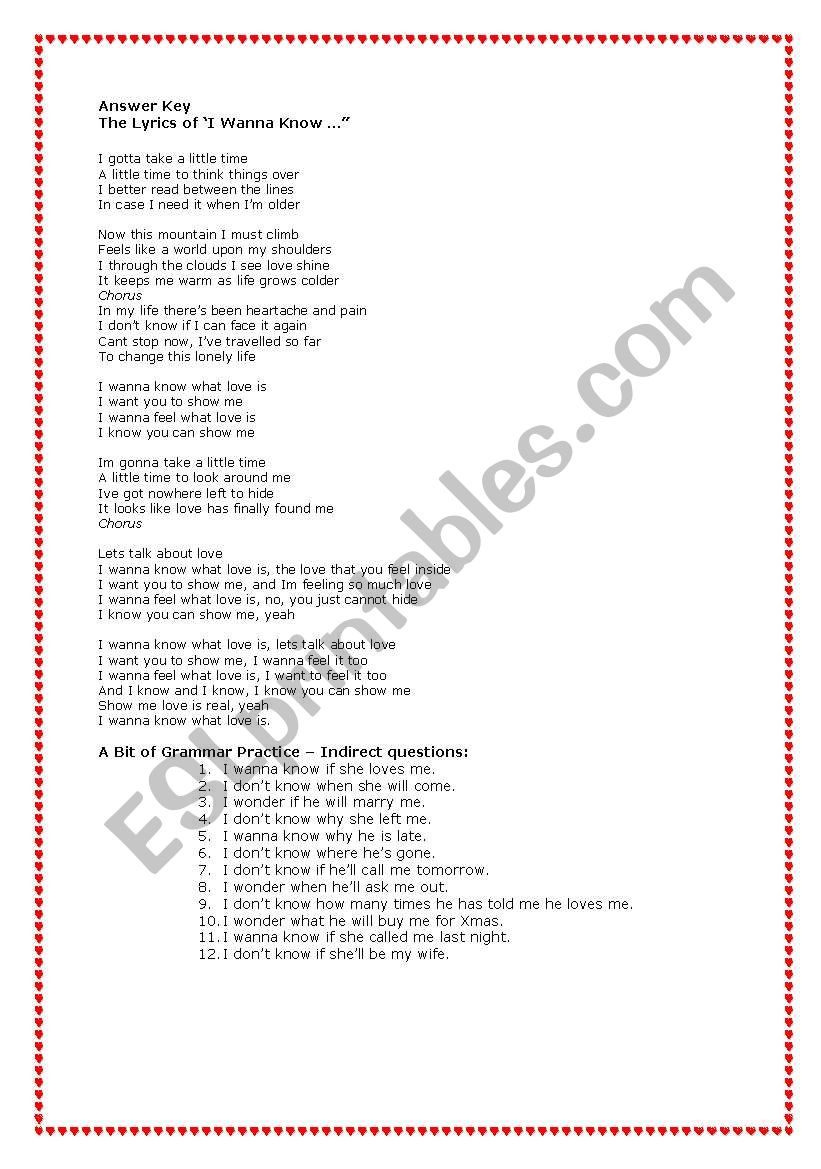 Grammar Through Songs I Wanna Know Esl Worksheet By Jujuka