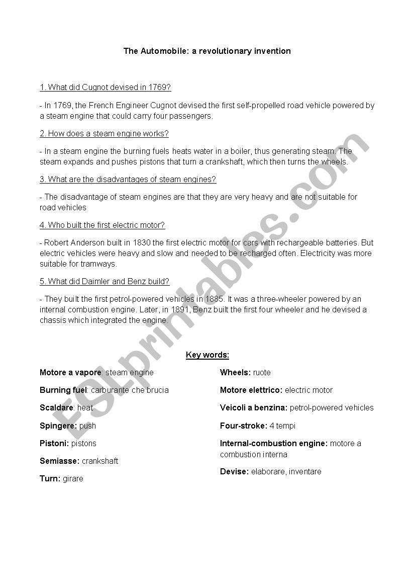 the automobile worksheet