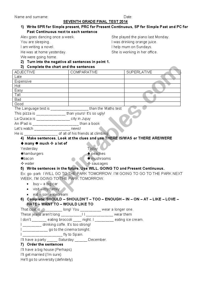 final /th grade test worksheet