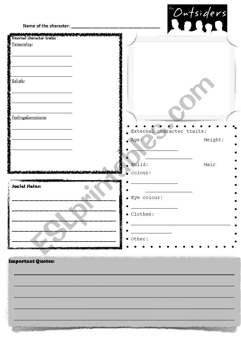 The Outsiders, Characterization worksheet 