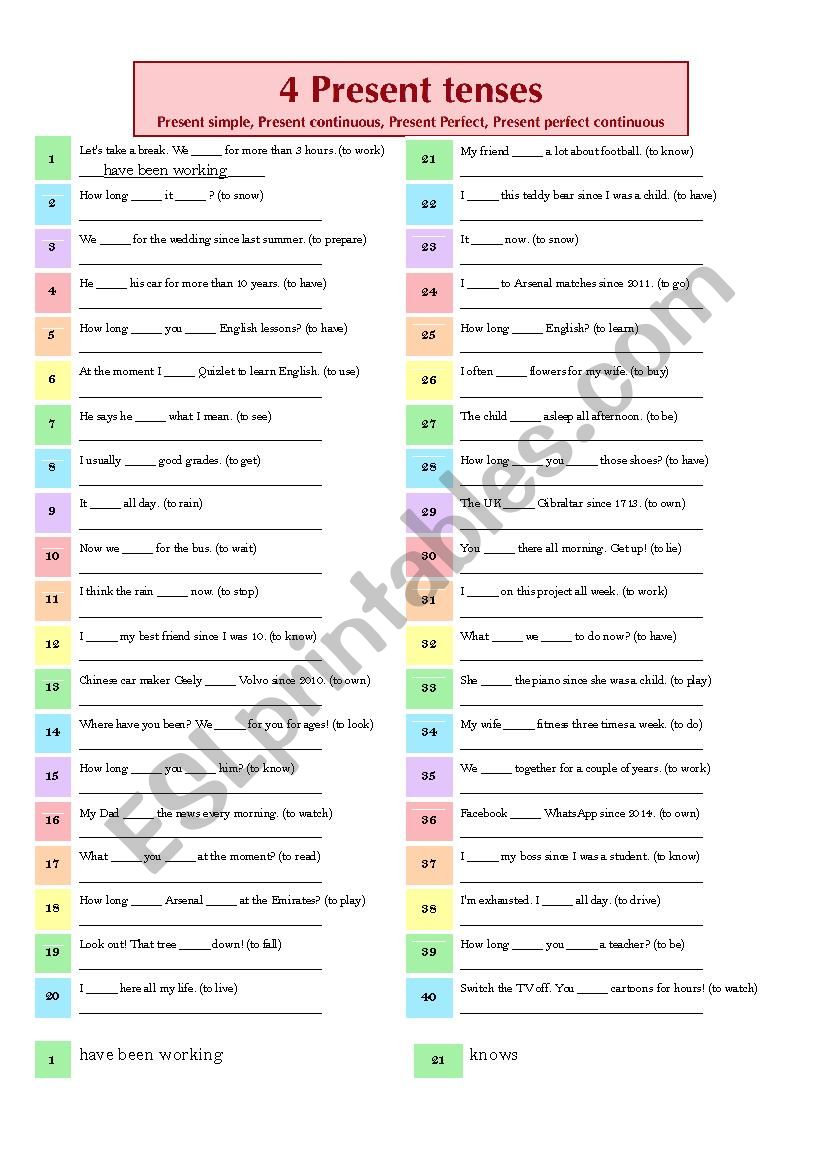 4 Present Tenses worksheet