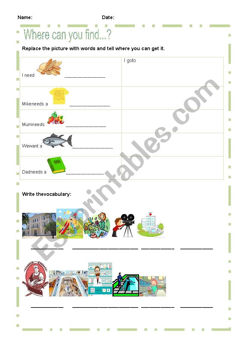 shops&food worksheet