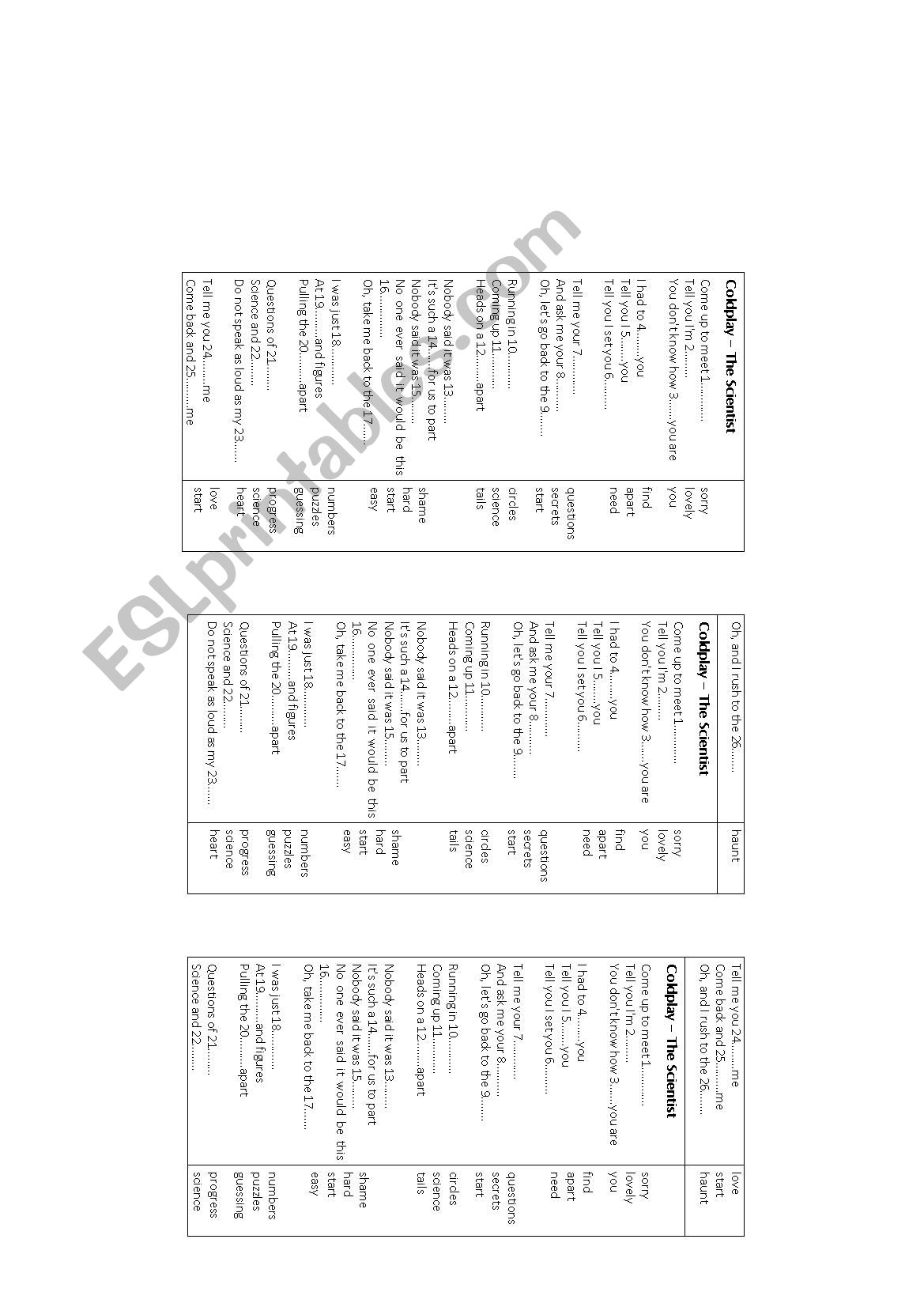 the Scientist - Coldplay worksheet