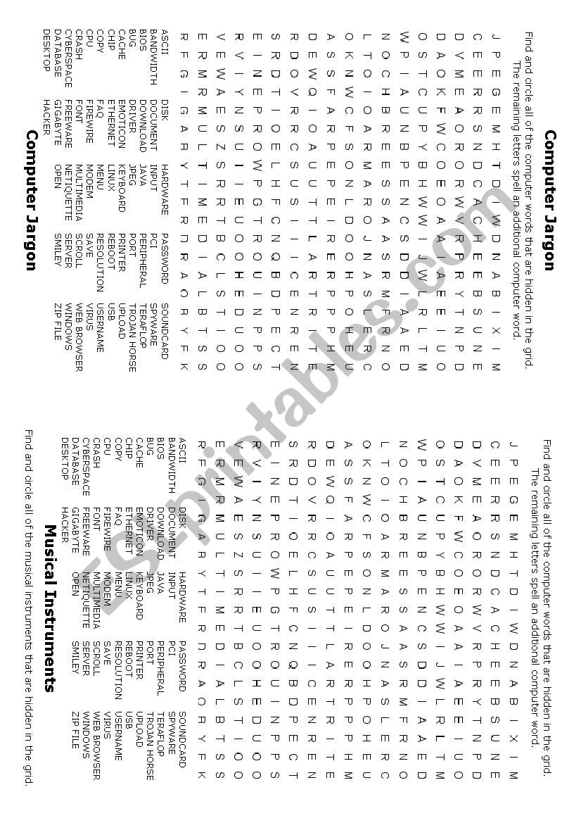 Wordsearch puzzles worksheet