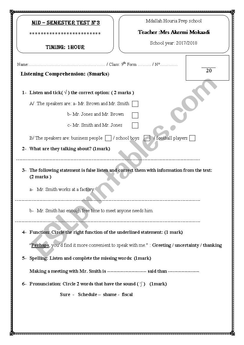 Mid semester test n 1 second semeter 9th form