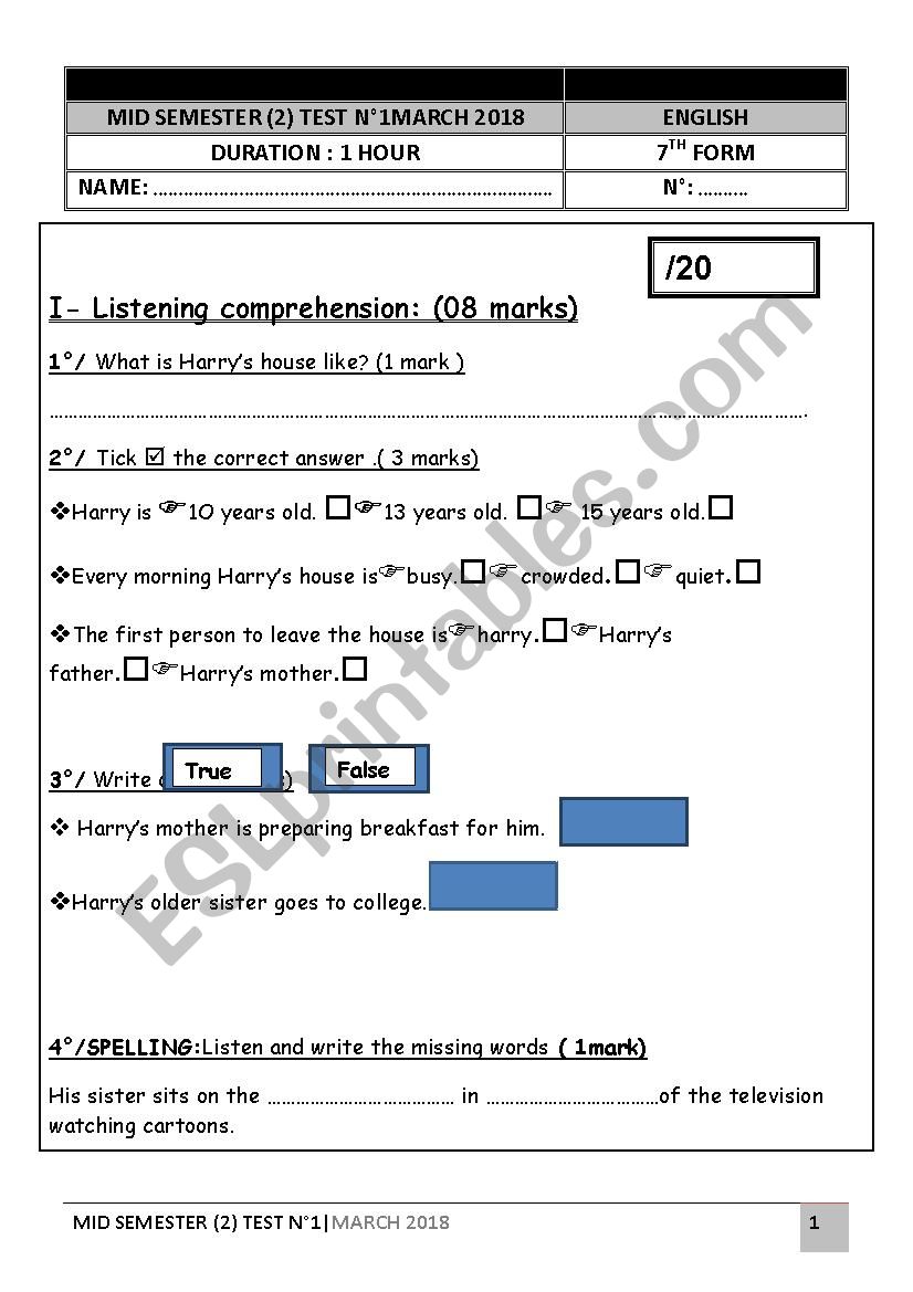 SEMESTER 2 TEST N° 1 - ESL worksheet by lolitta english