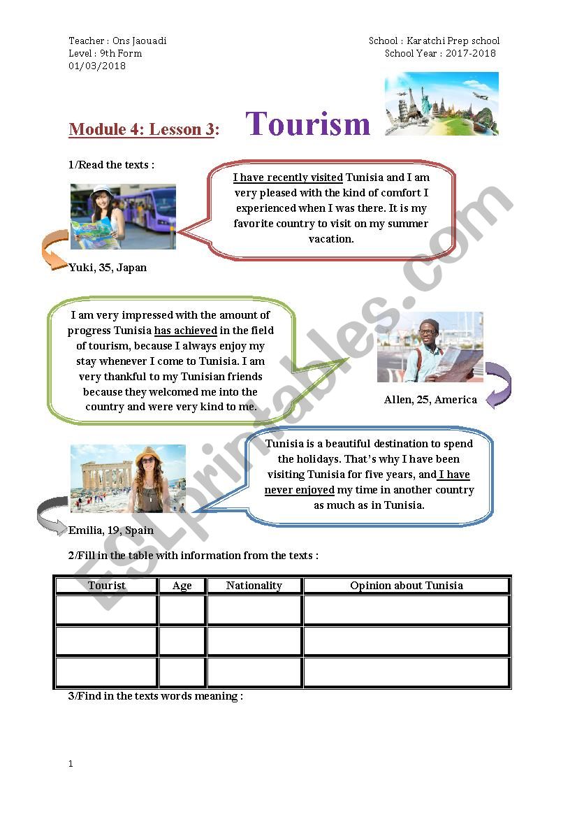 tourism live worksheet