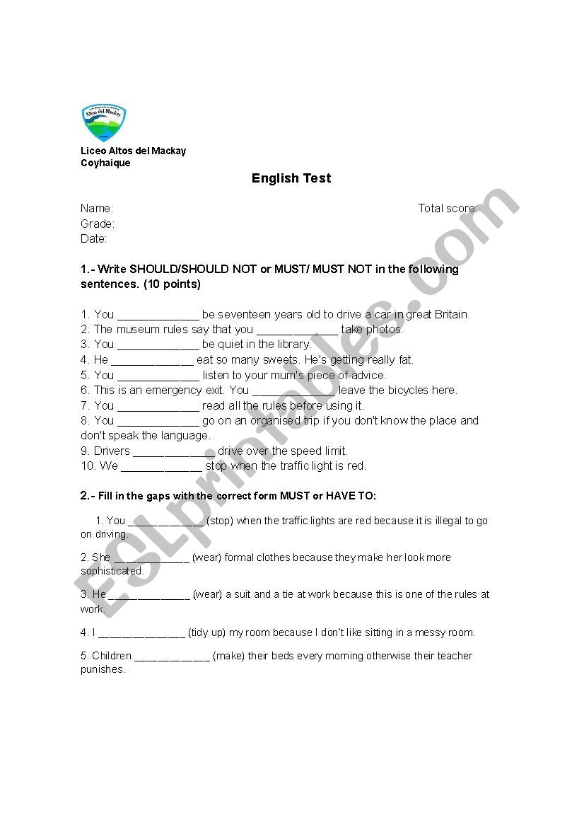 English test unit 0 worksheet