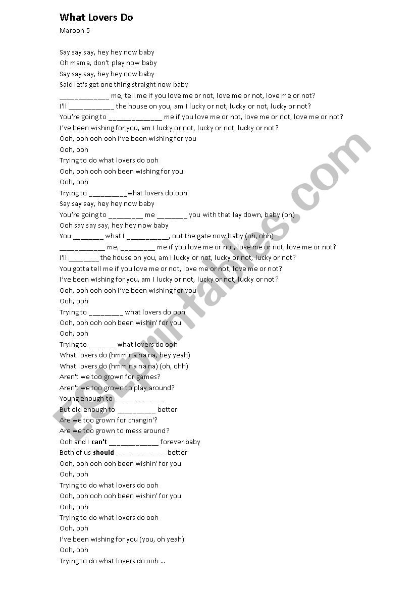 What lovers do - Maroon 5  worksheet