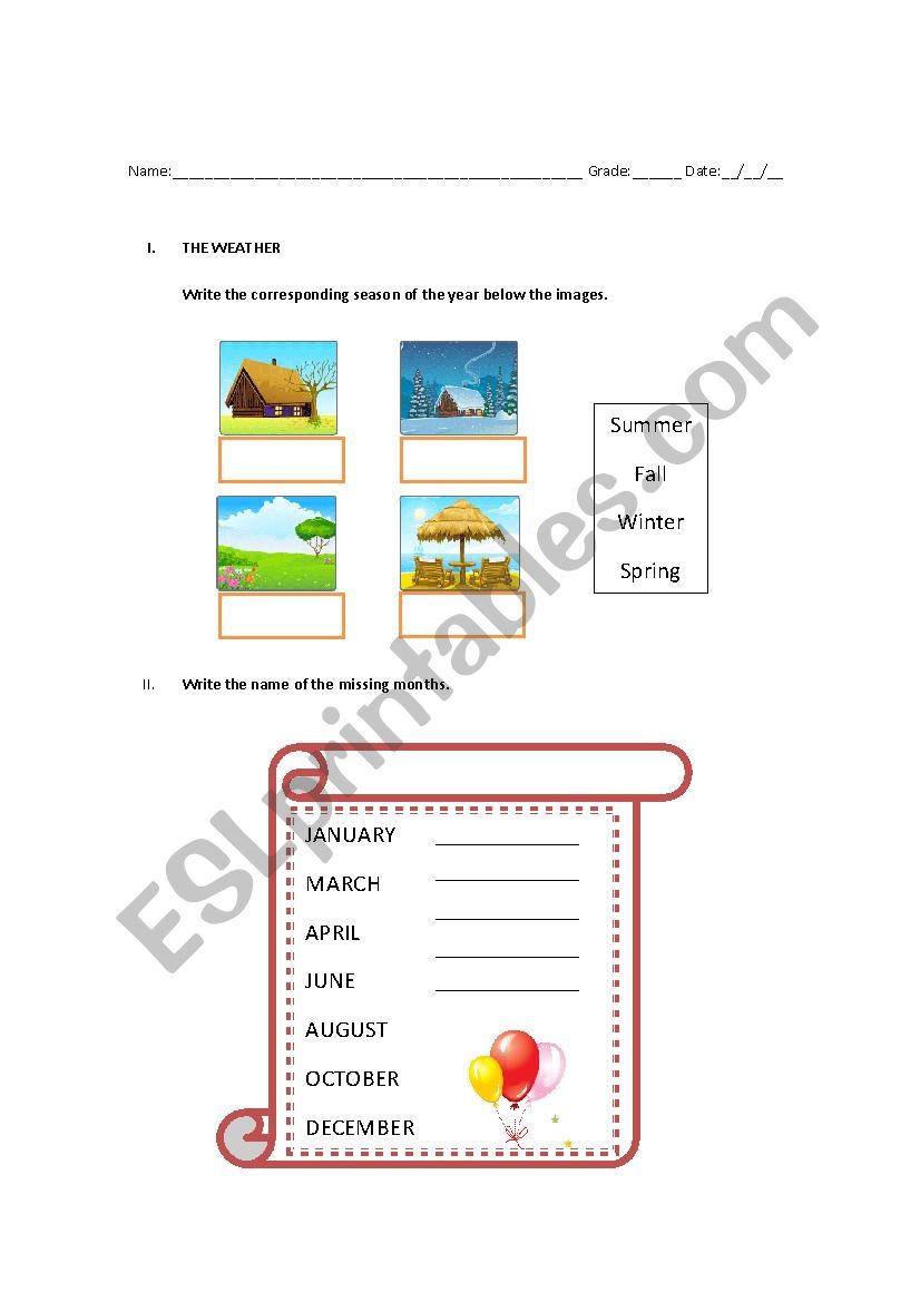 Month, seasons and weather worksheet