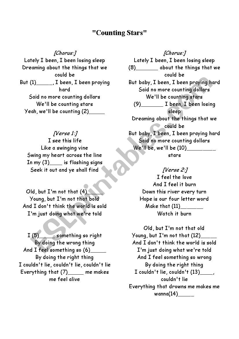 ONE REPUBLIC COUNTING STARS worksheet