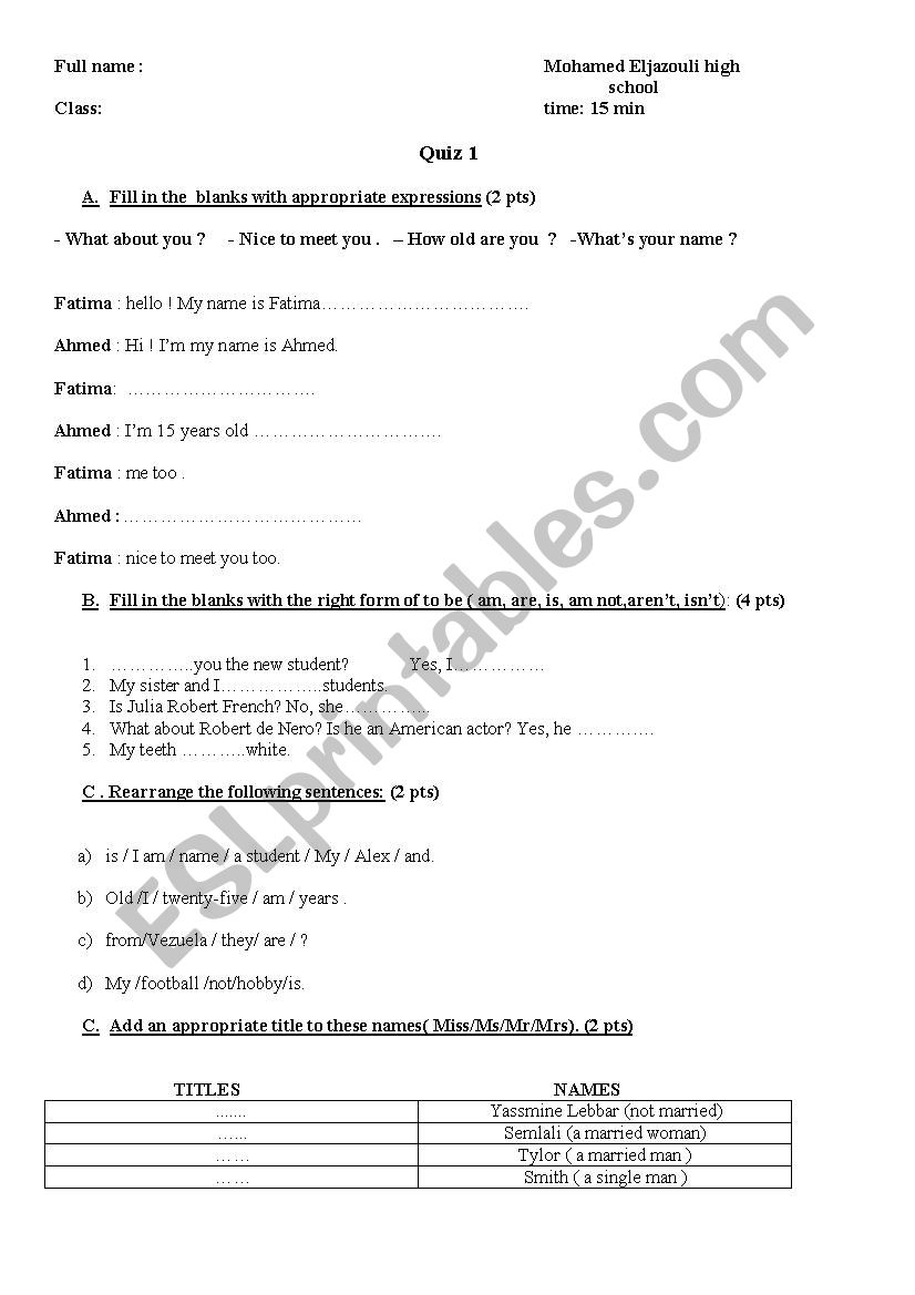 Language test worksheet