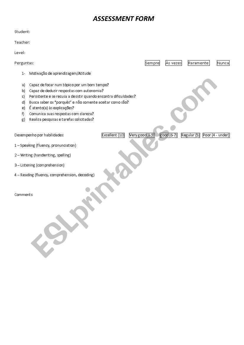 Assessment Form worksheet