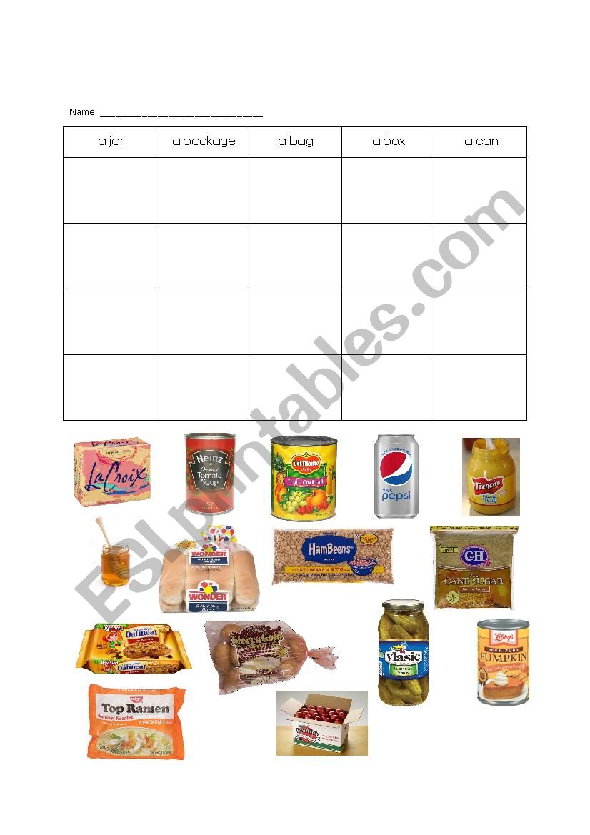 Categorize Food Containers worksheet