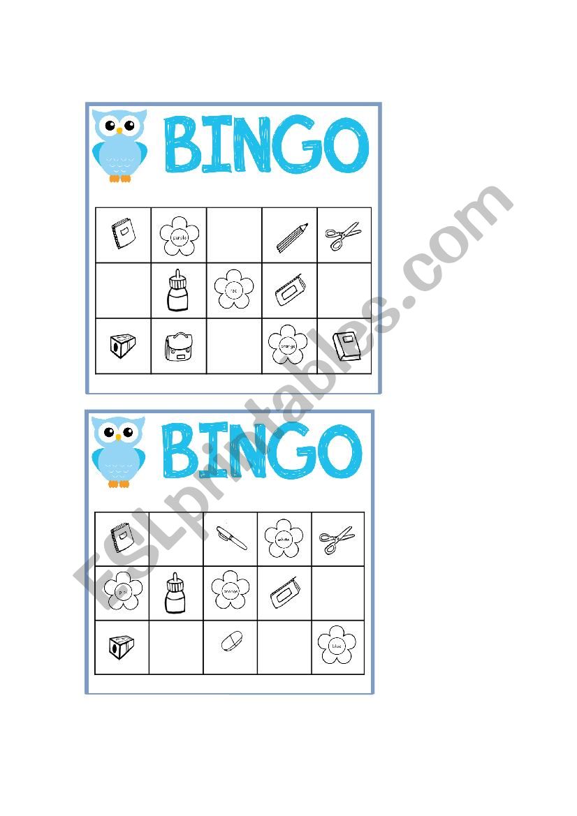 Bingo: School objects and colours 