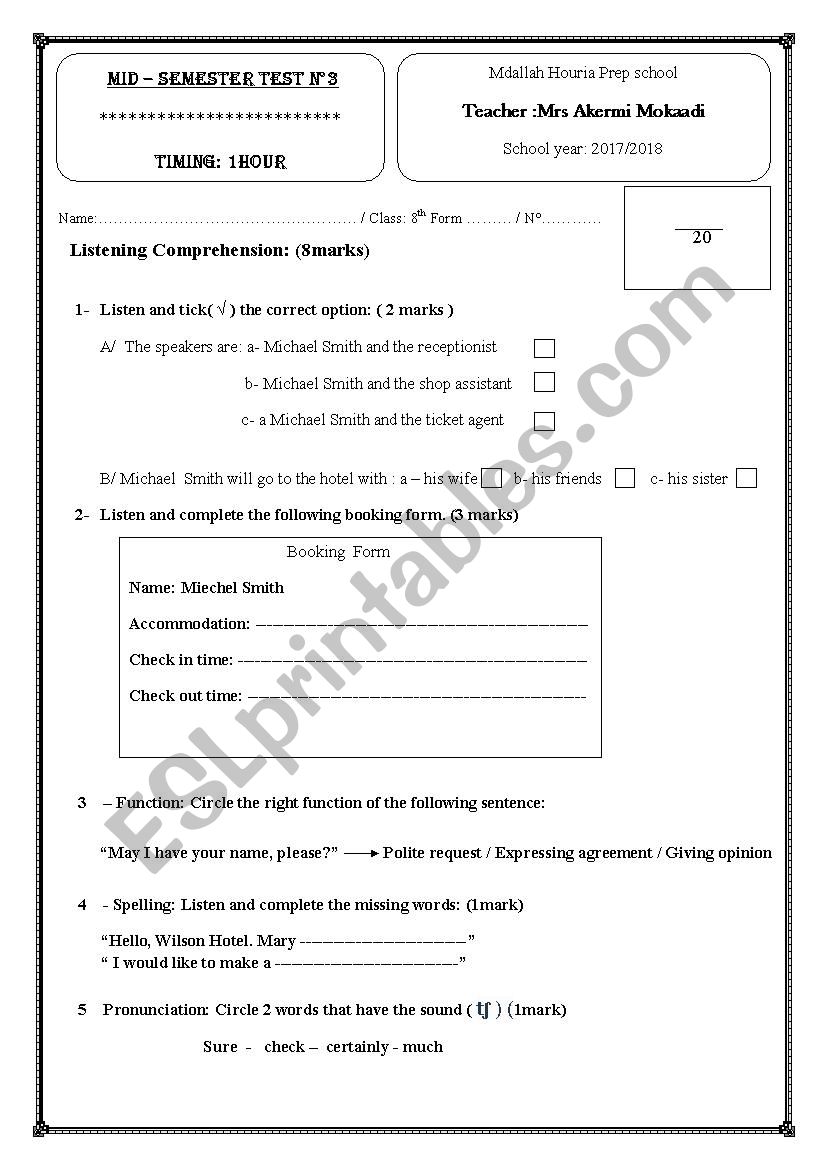 Mid - Semester Test N°3 8th Form - Esl Worksheet By Na3ouma