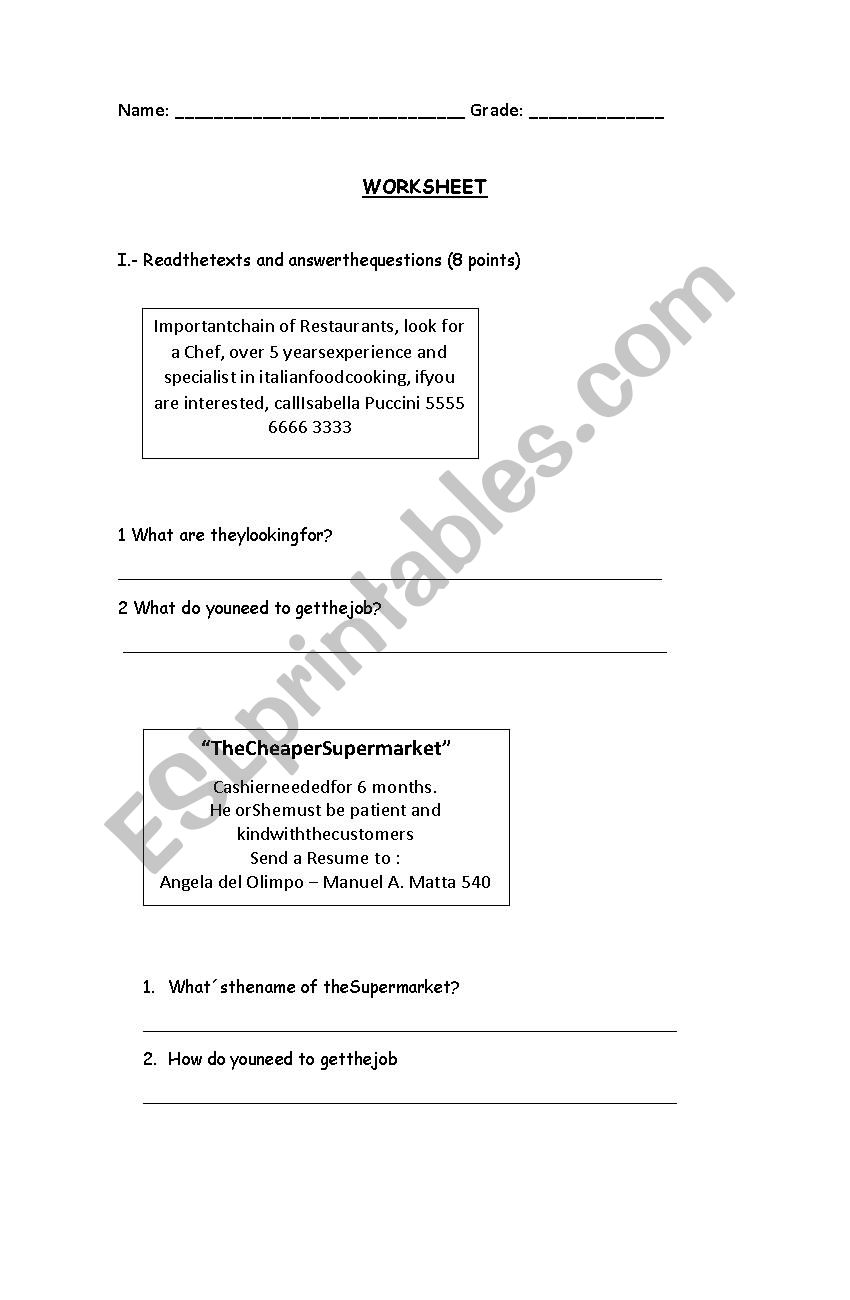 Jobs  worksheet