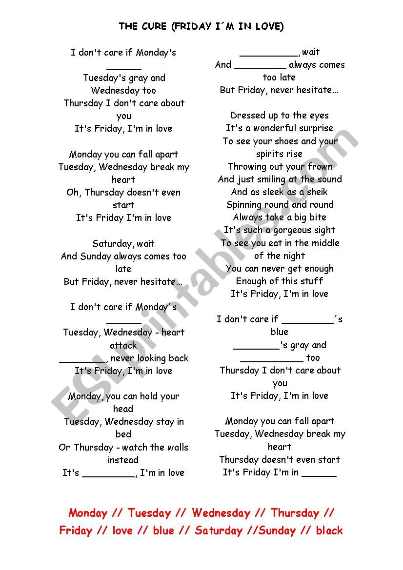 ITS FRIDAY, IM IN LOVE worksheet