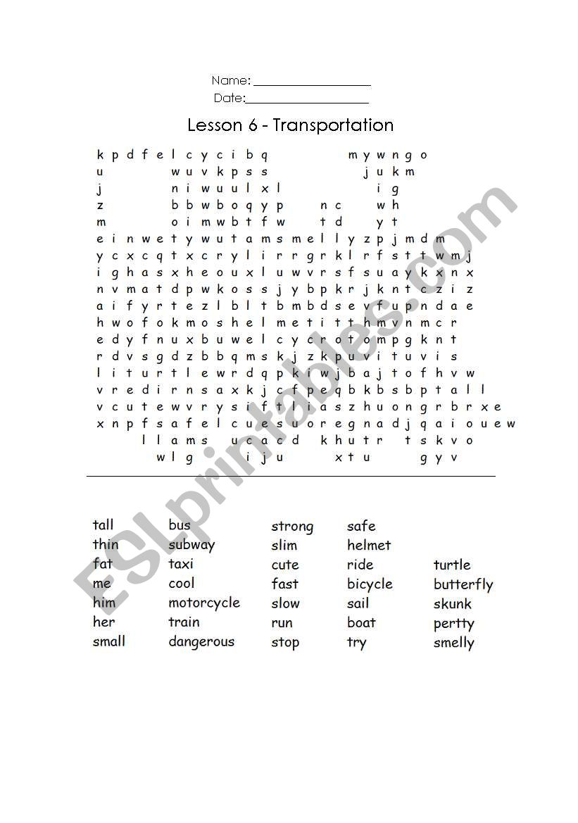 Word Search - Transportation worksheet