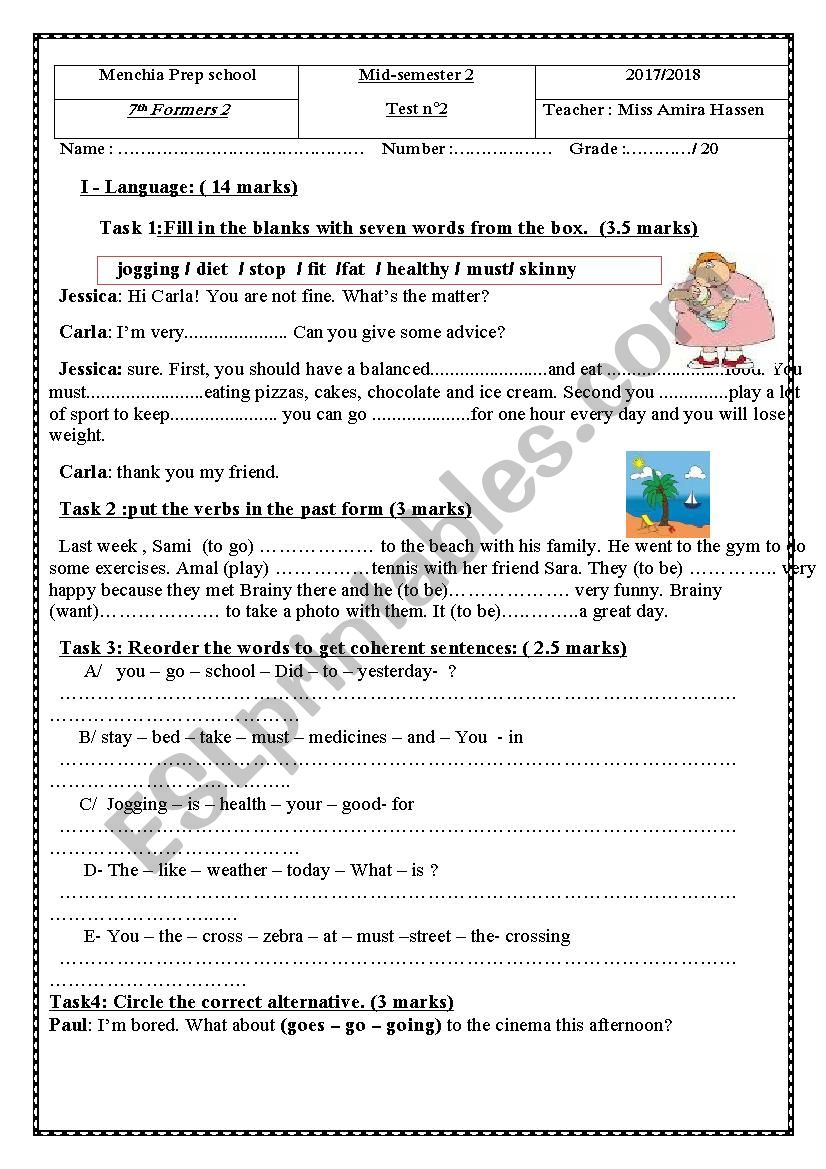 mid- semester 2 test n°2 - ESL worksheet by coucou85