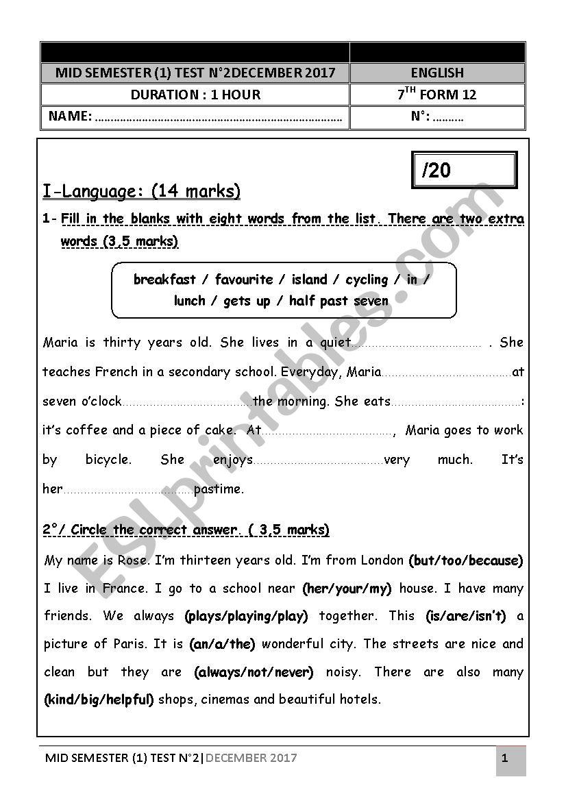 Mid semester 1 Test N2 worksheet