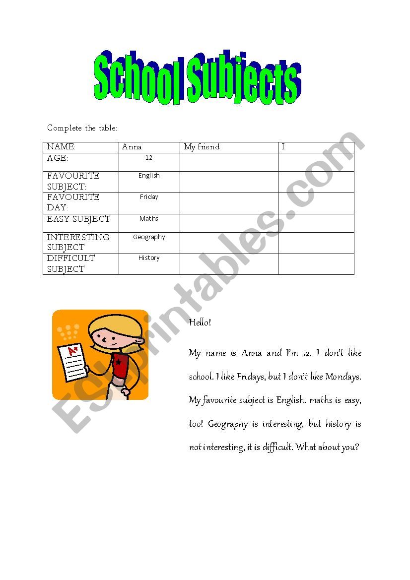 School Subjects worksheet