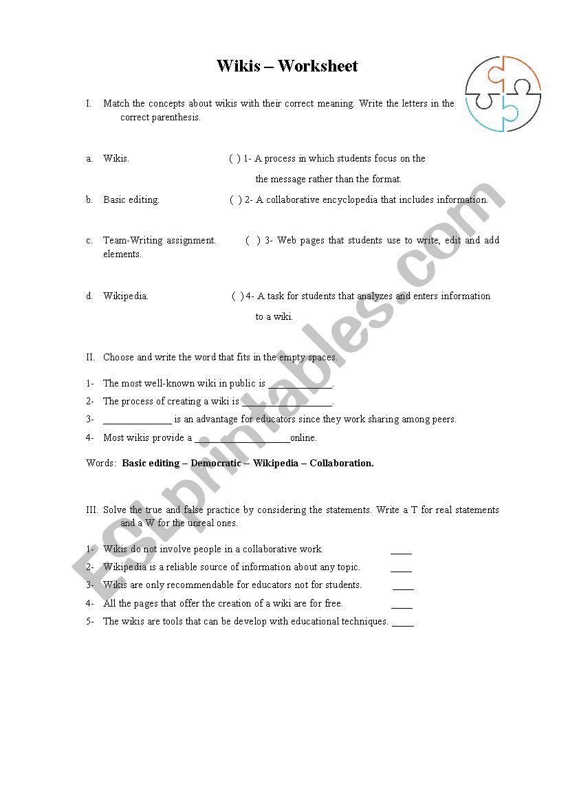 Wikis - Activities worksheet