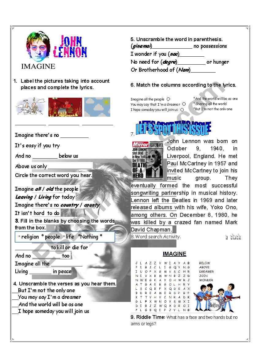 Song: IMAGINE - John Lennon - English ESL Worksheets for distance learning  and physical classrooms
