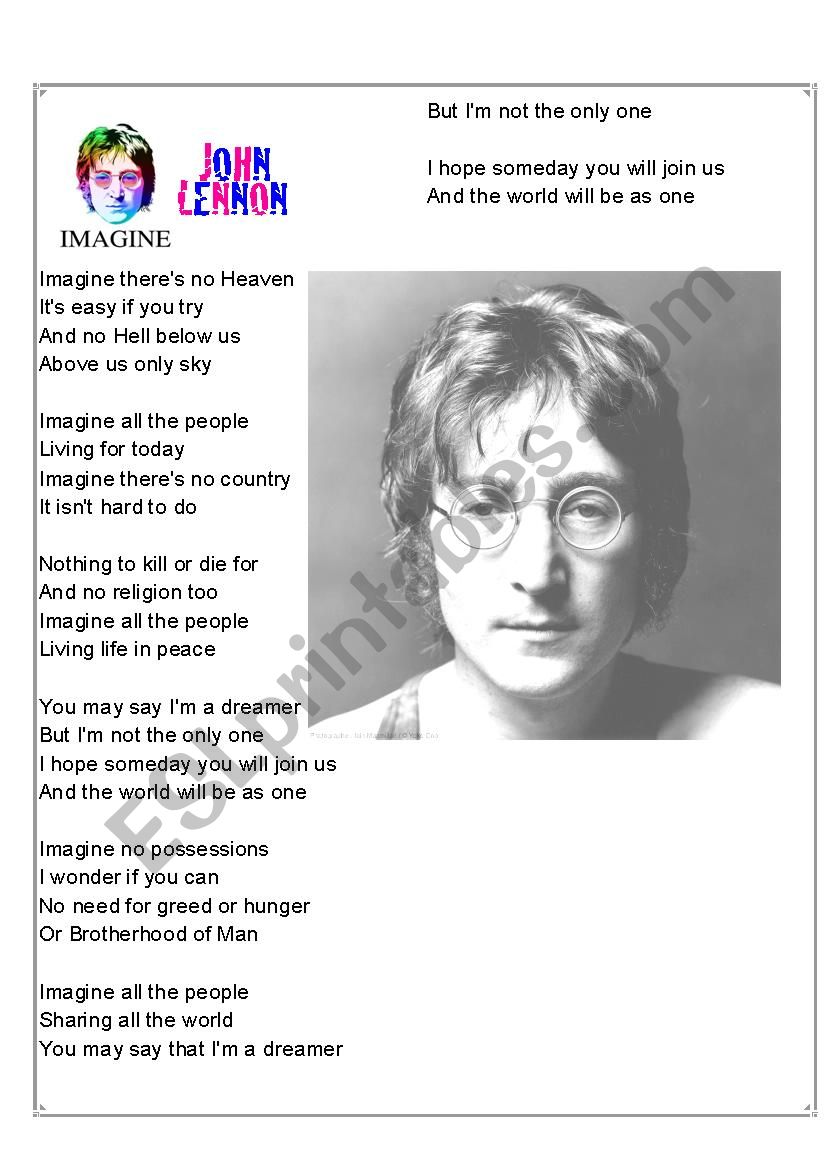 Imagine by John Lennon, Lyrics activity - ESL worksheet by lufranco